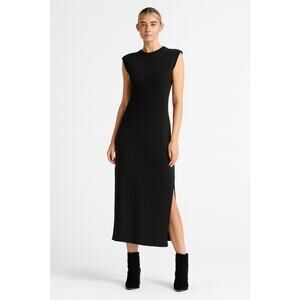 Frame Le Muscle Organic Cotton Black Cap Sleeve Side Slit Midi T Shirt Dress Med